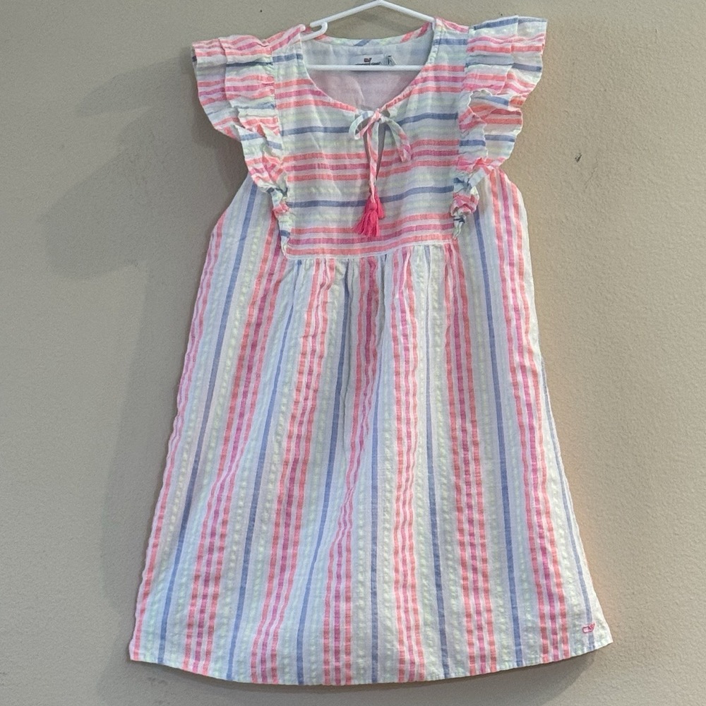 Vineyard Vines Girls Striped Tassel Flutter Sleeve‎ Dress Lined Size XS (5)